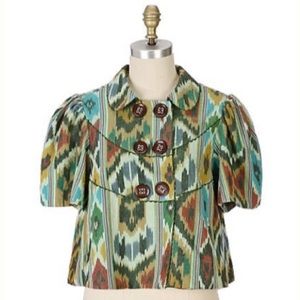 Anthropologie Crop Jacket Green ikat print Taikonhu short sleeve cotton
